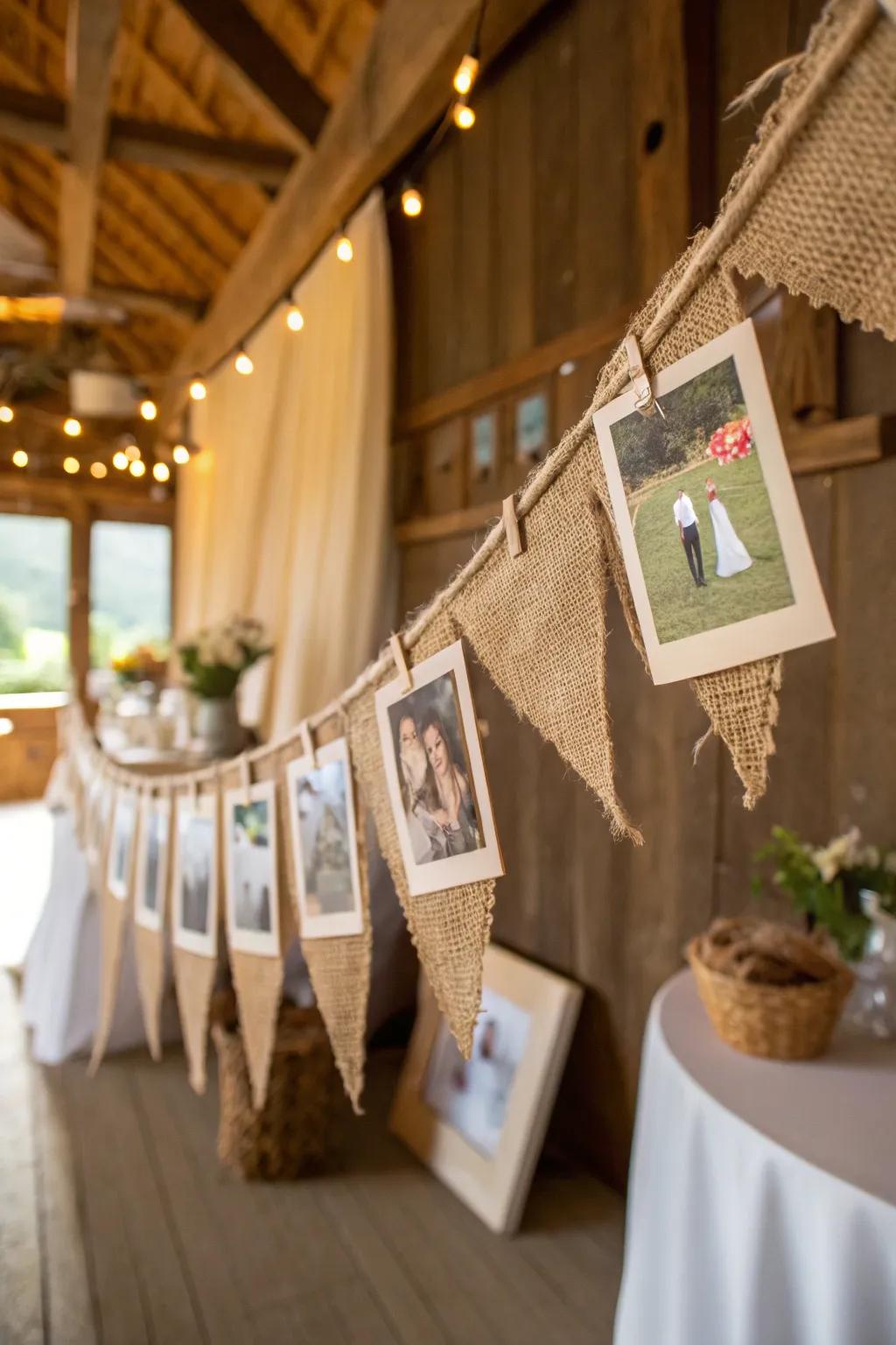 A rustic charm photo banner with burlap and twine.