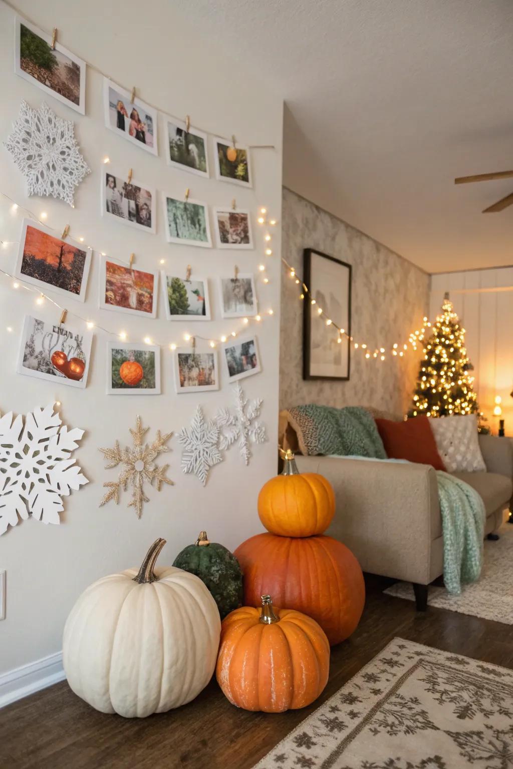 A seasonal photo backdrop featuring autumn pumpkins and winter frozen crystals, keeping decor fresh.