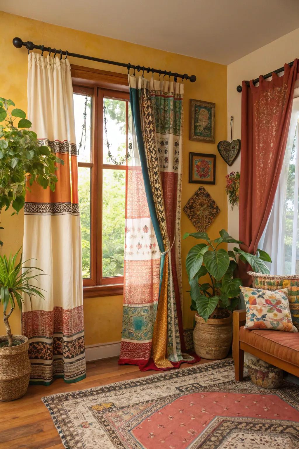Eclectic and vibrant bohemian curtains that adorn a picture window for a unique style.