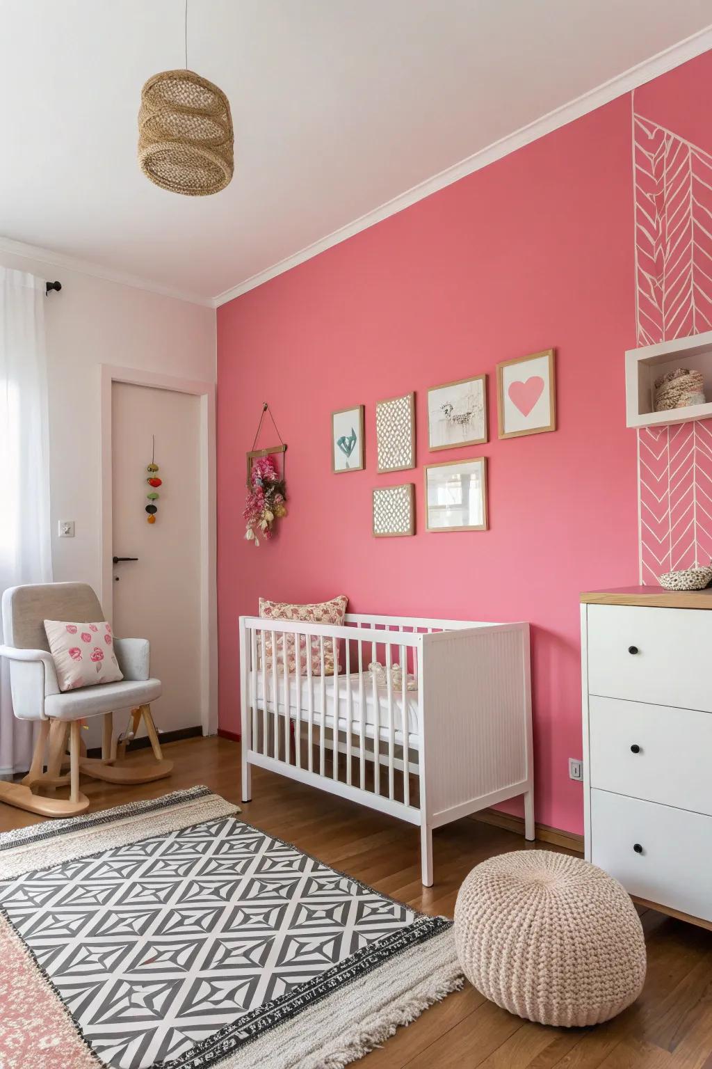 A minimalist nursery wherein a pronounced rose partition effects an assertion.