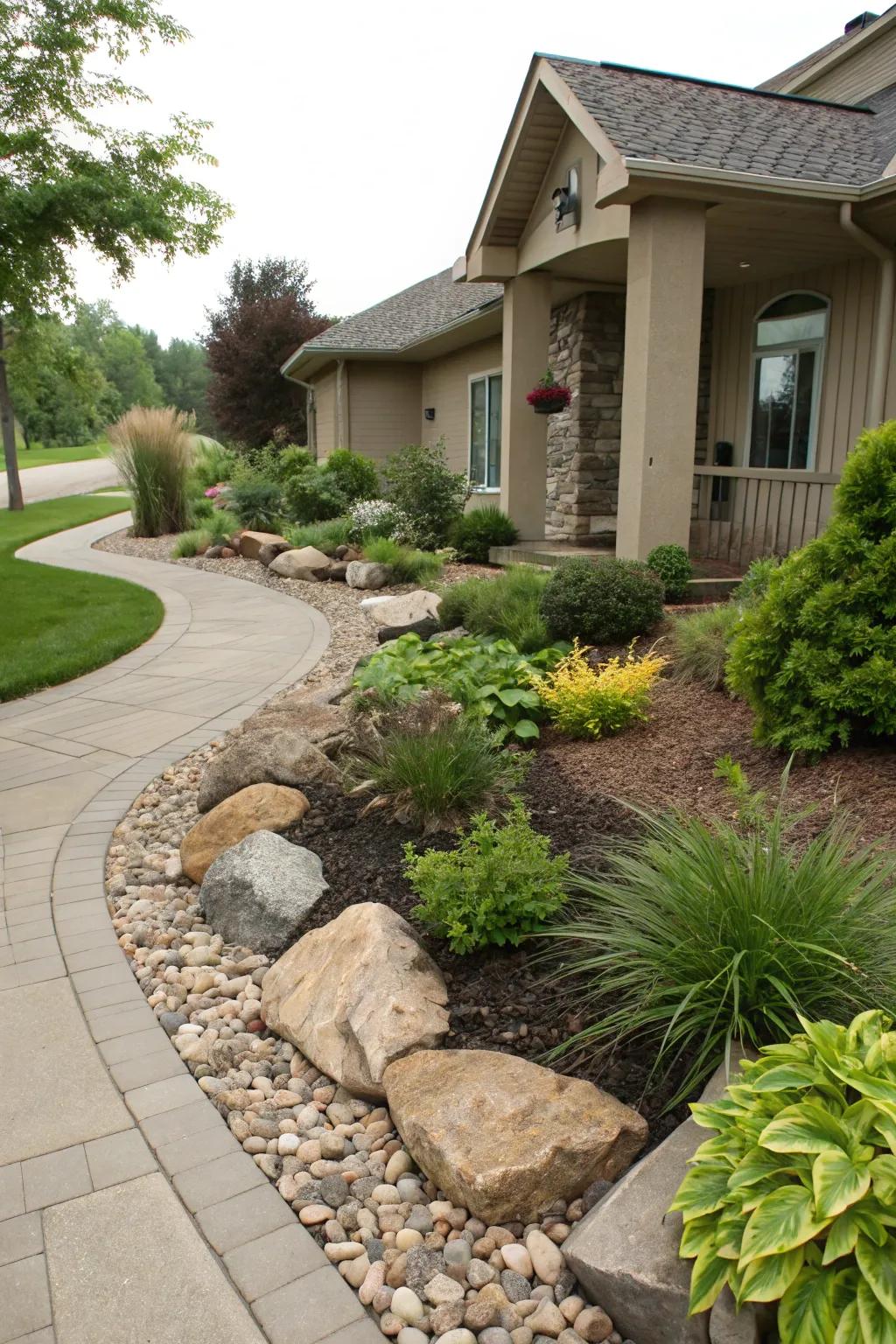Stone and mulch create a harmonious natural finish.