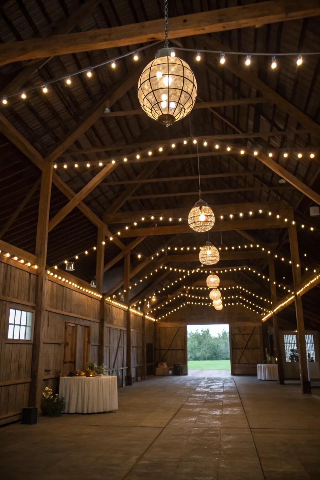 Pendant fixtures and ambient lights are examples of spectacular lighting in a pole barn.