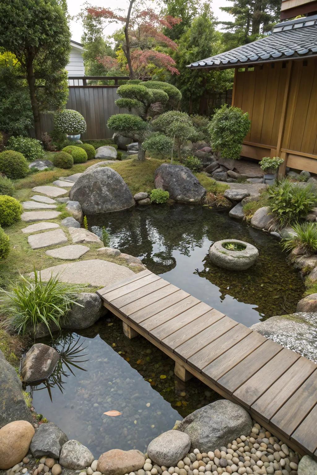 A peaceful zen box pond within a backyard setting.