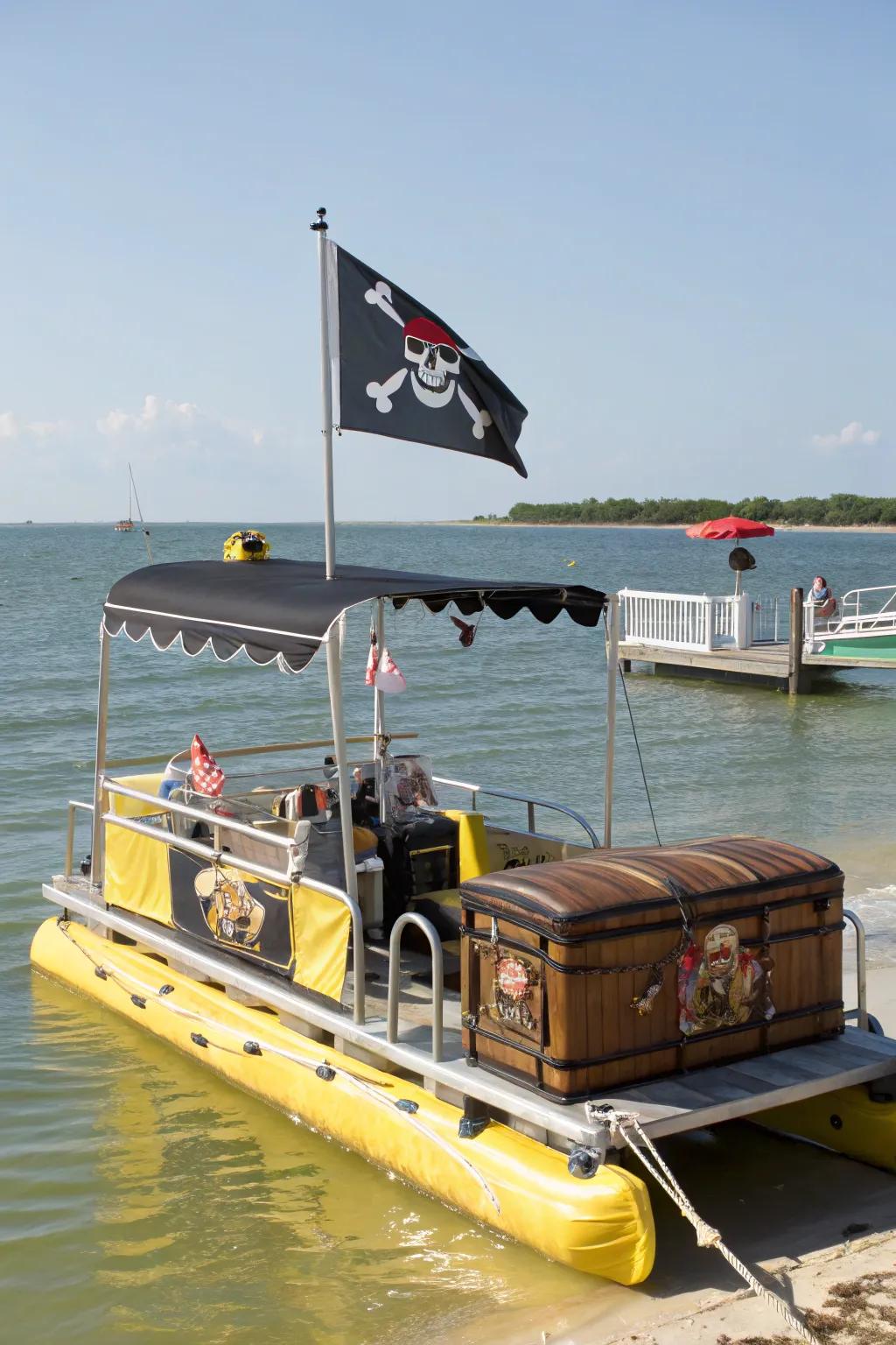 A pirate-themed pontoon boat prepared for adventure, complete with flags and treasure.