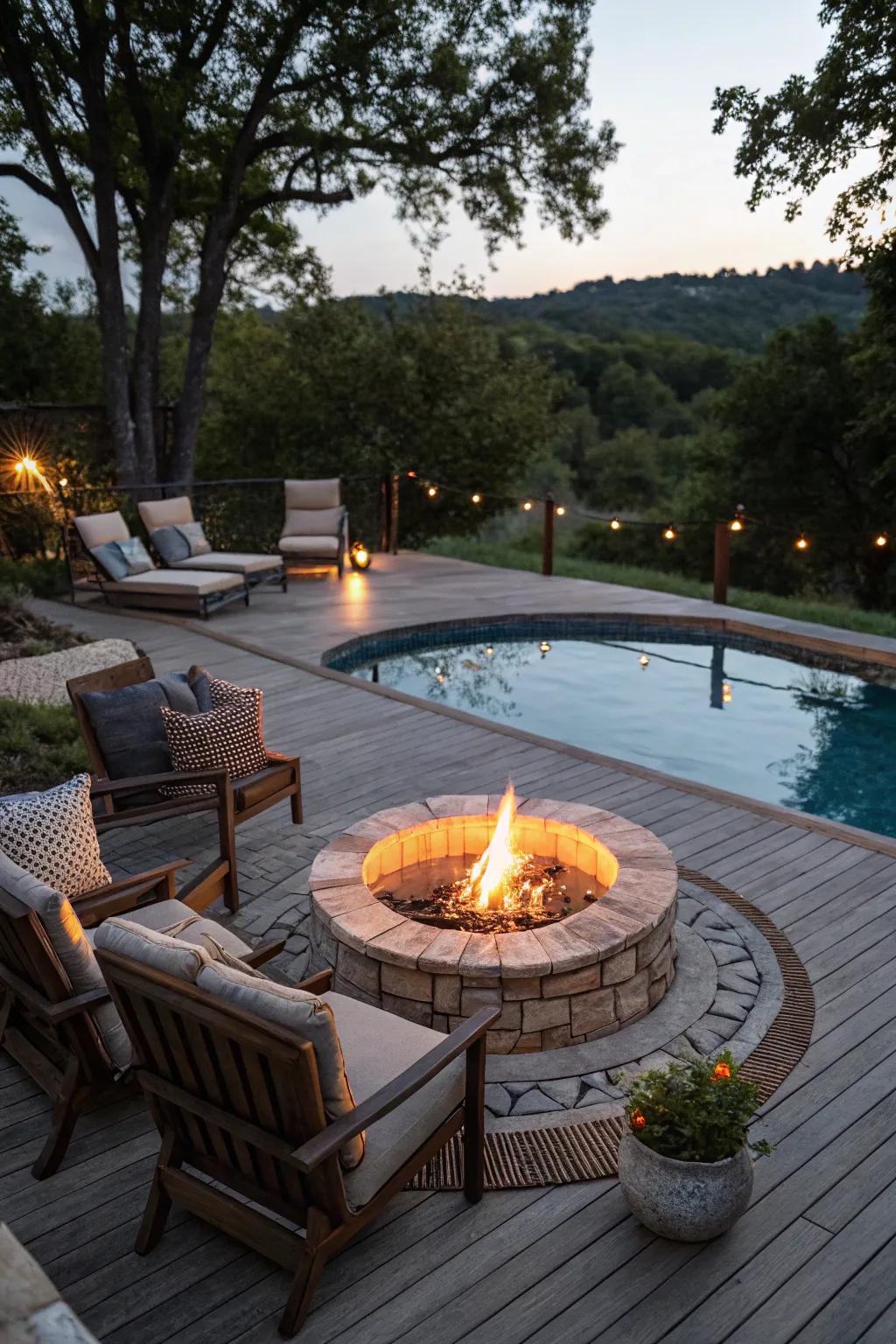 A welcoming fire pit feature on the pool deck.