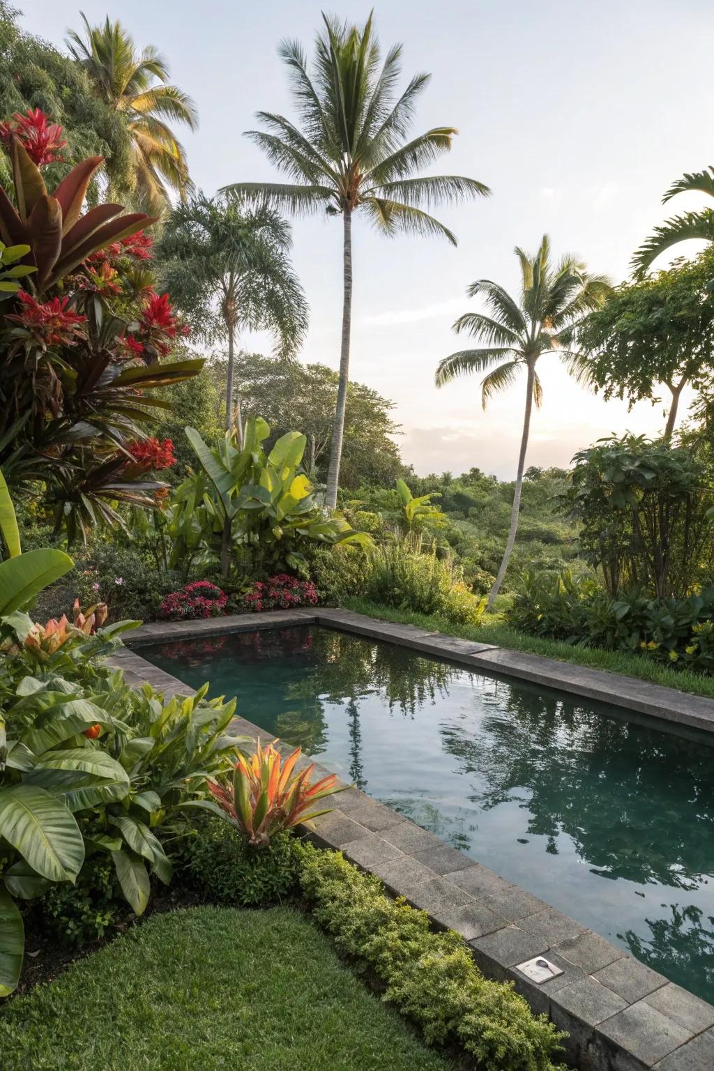A pool pond that embraces a tropical theme, showcasing lush greenery.