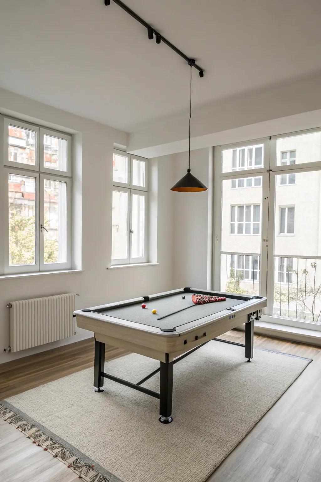 A collapsible pool table provides flexibility and space-conserving advantages in a small room.