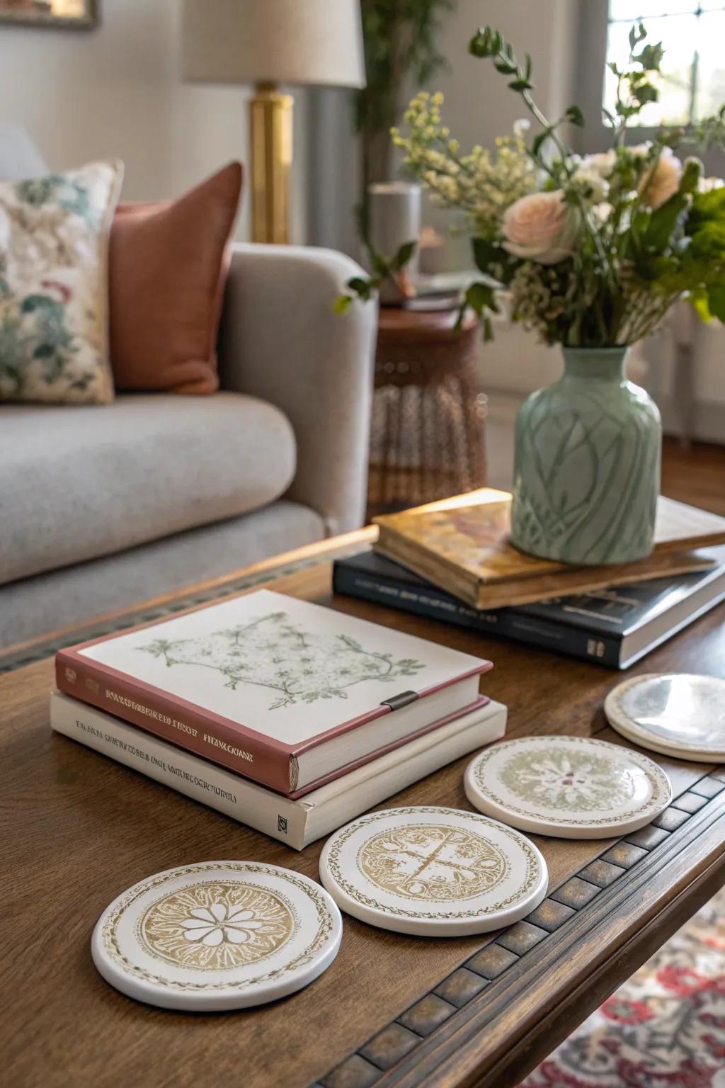 Protect surfaces stylishly with a fine ceramic coaster set.