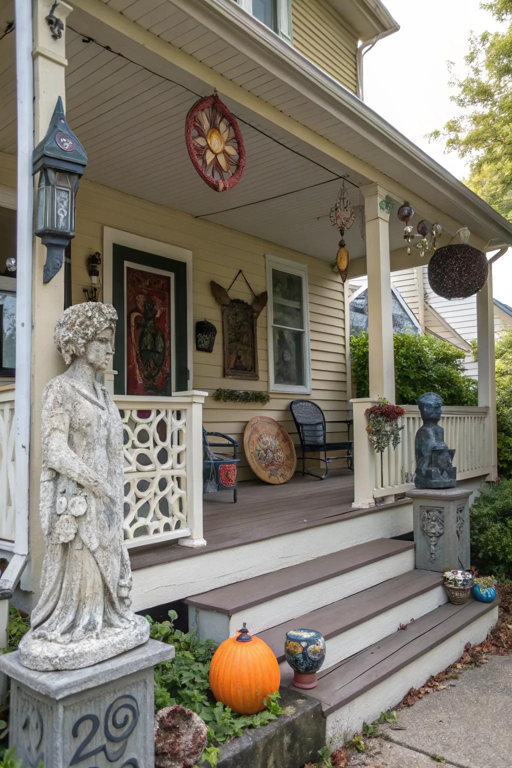 Distinctive art elements contribute a unique flair to the porch.