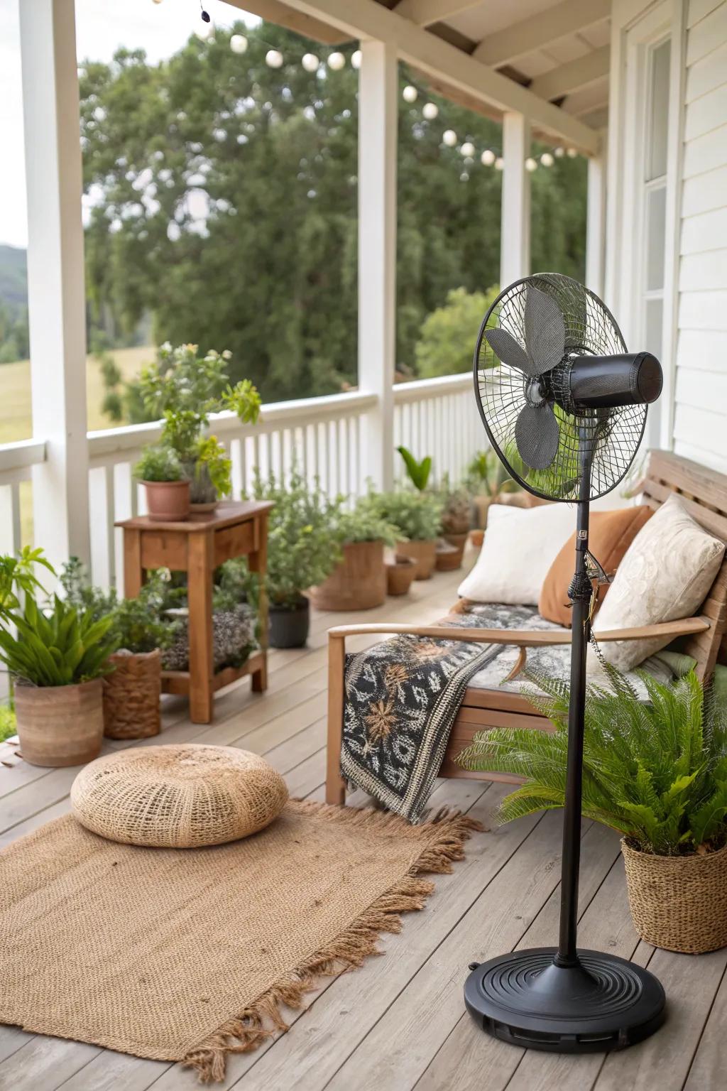 A sun-powered air circulator provides eco-friendly cooling on this sustainable porch.