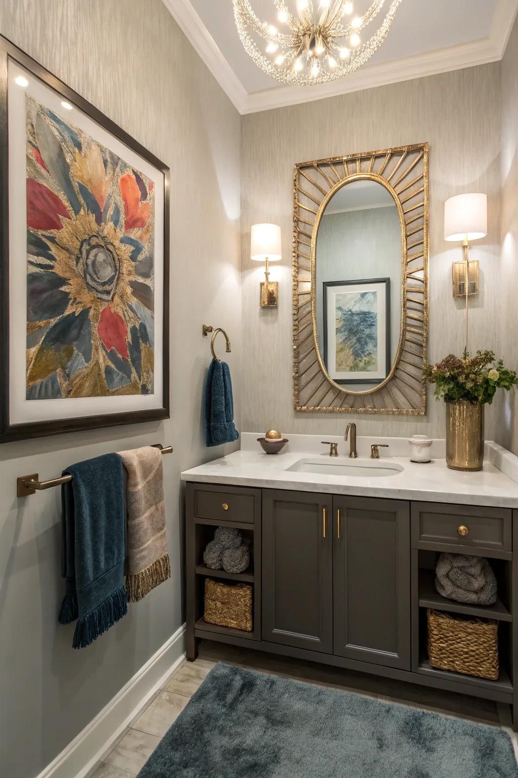 A powder room transformed by artwork and stylish decorations.
