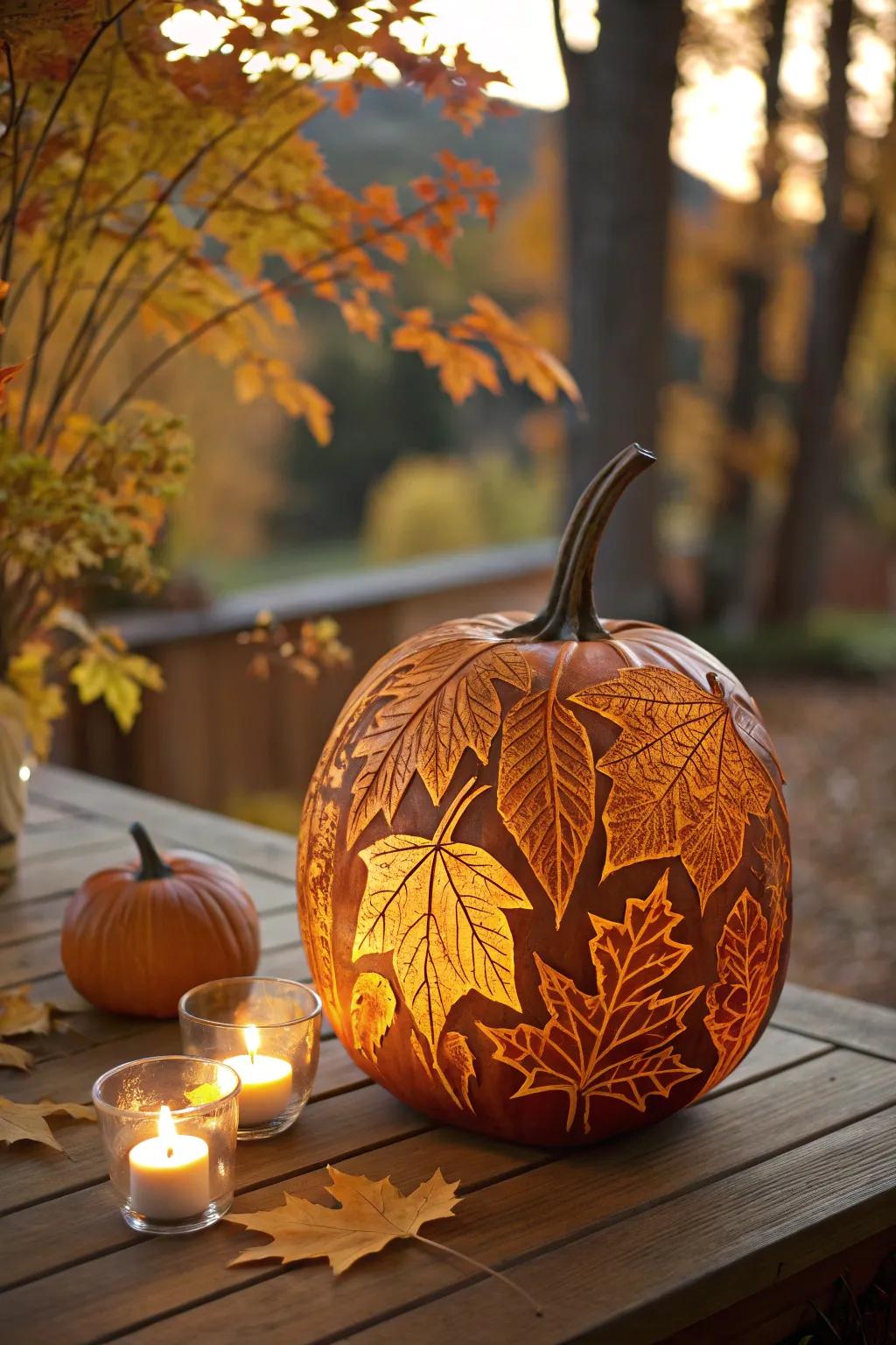 An autumn foliage engraved pumpkin that conveys seasonal warmth to your decorations.