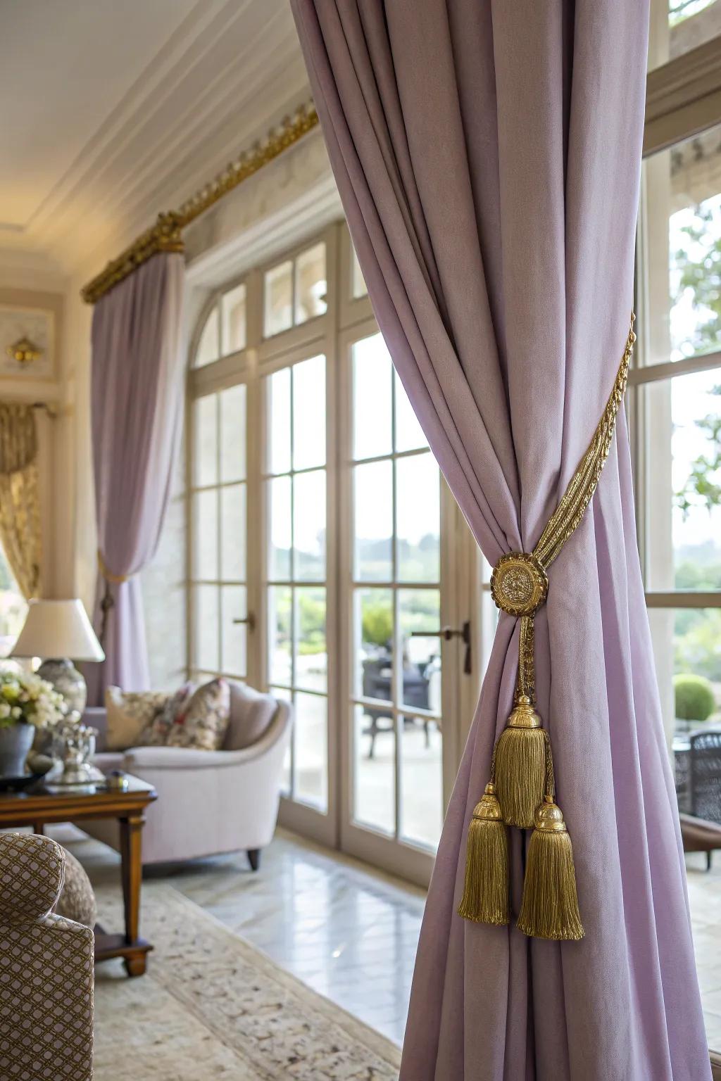 Light purple curtains with gold tiebacks add refinement to any room.