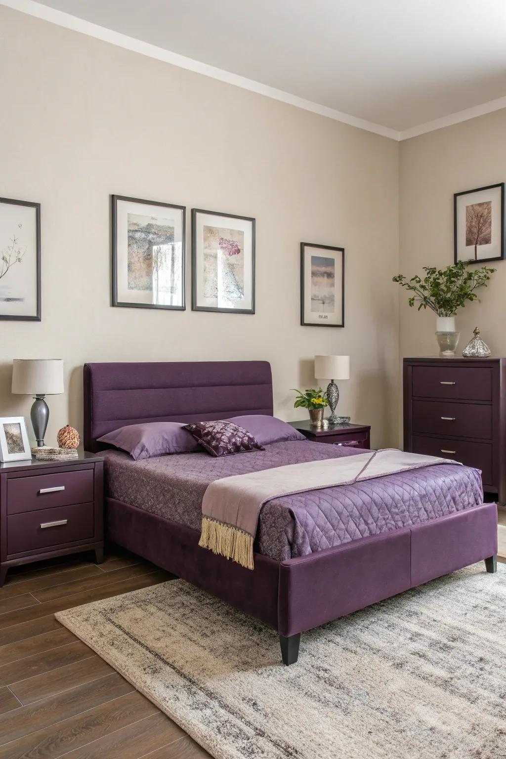 Violet furnishings enrich depth and intrigue within the decor.