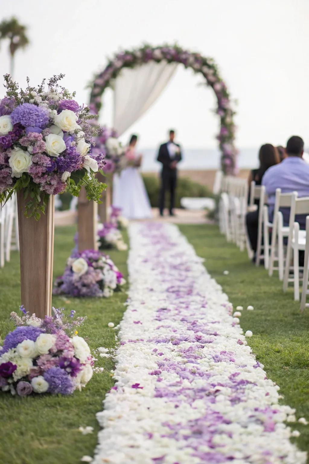 A floral aisle creates a breathtaking path for the wedding procession.