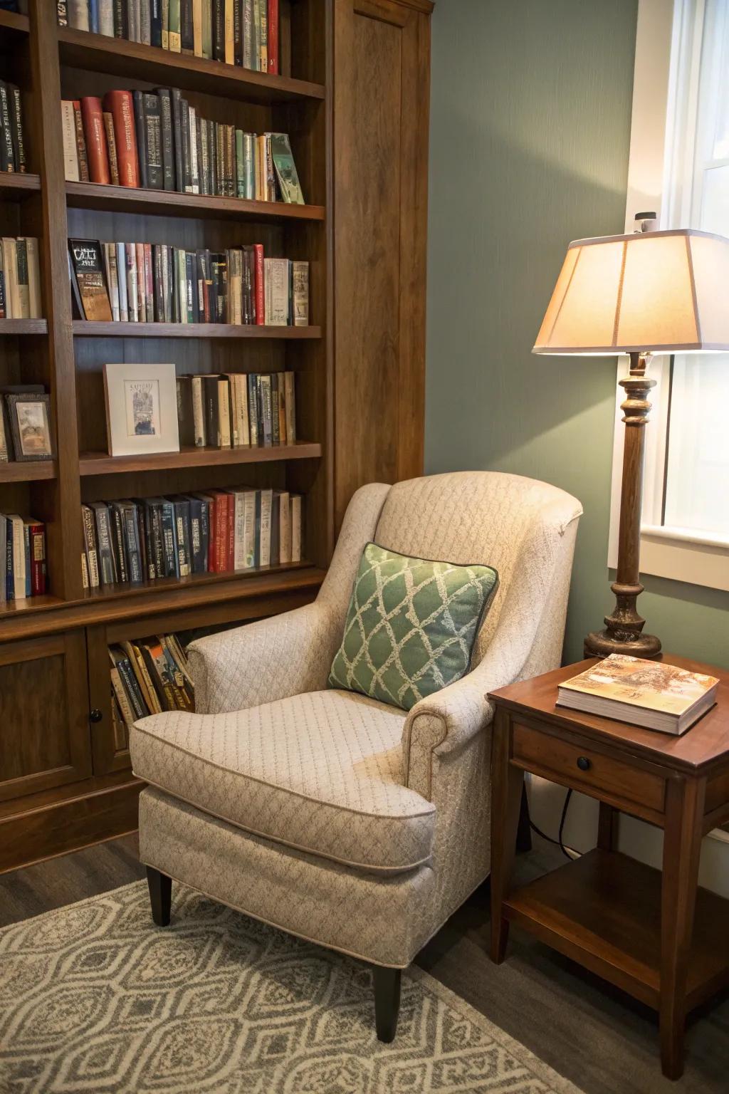 A compact corner reimagined as an inviting reading nook.
