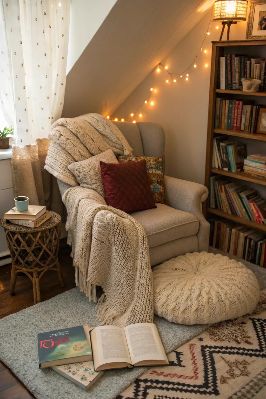 The comfort and warmth of the reading nook is brought out by layered textures.