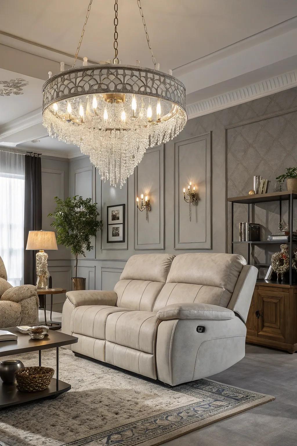 A dwelling space elevated by a striking illumination component positioned above the reclining sofa.