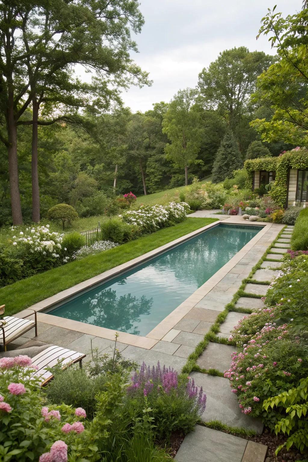 The pool smoothly integrates into the garden landscape.