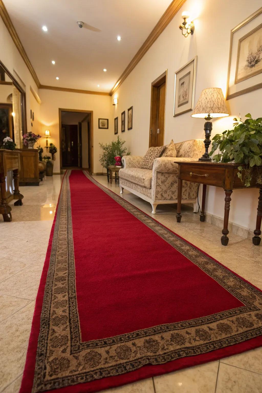 A scarlet runner carpet enhances the flow in a long, narrow living room.