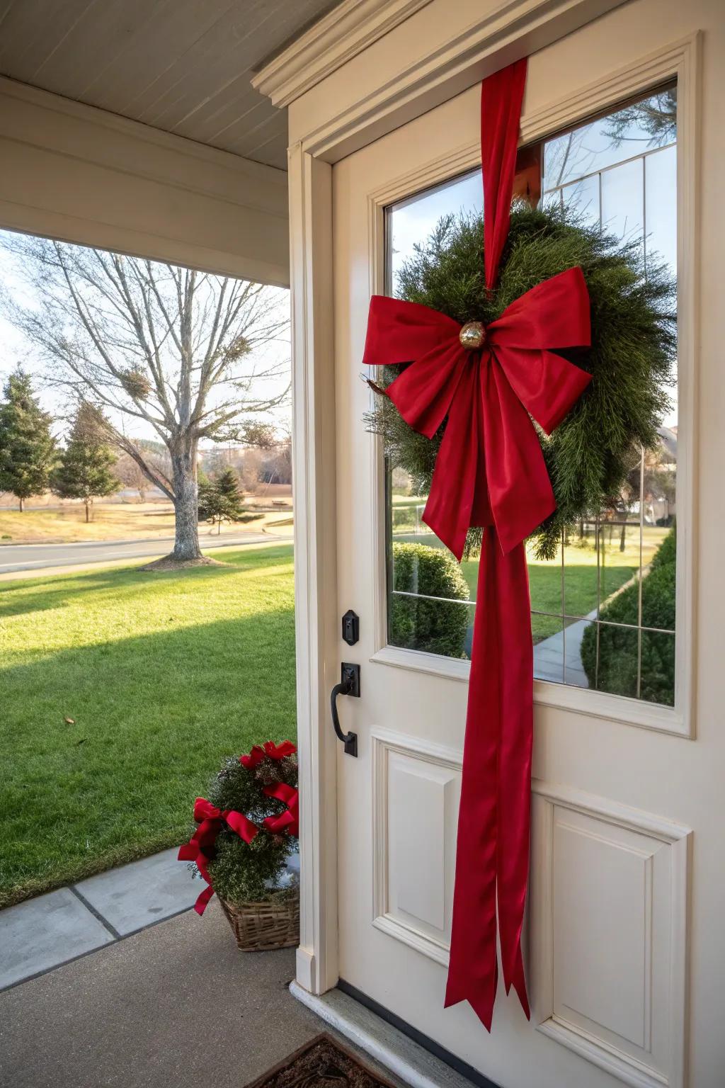 A bold red door decoration to welcome the holidays.
