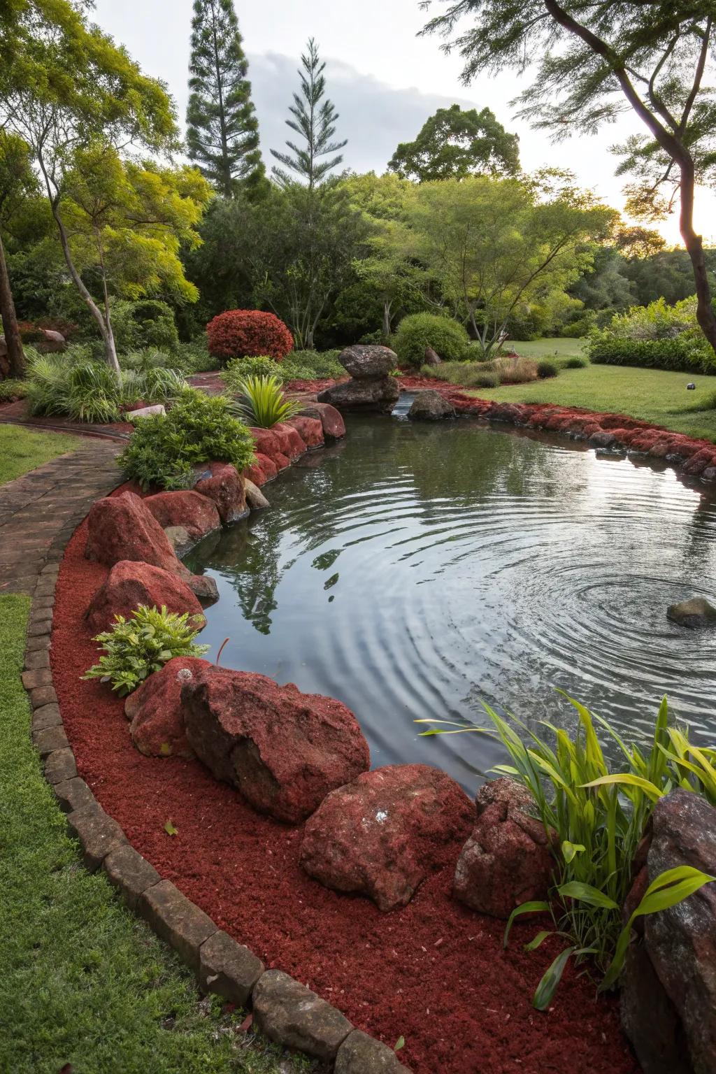 Scarlet volcanic stones amplify the natural magnificence of a garden pond.