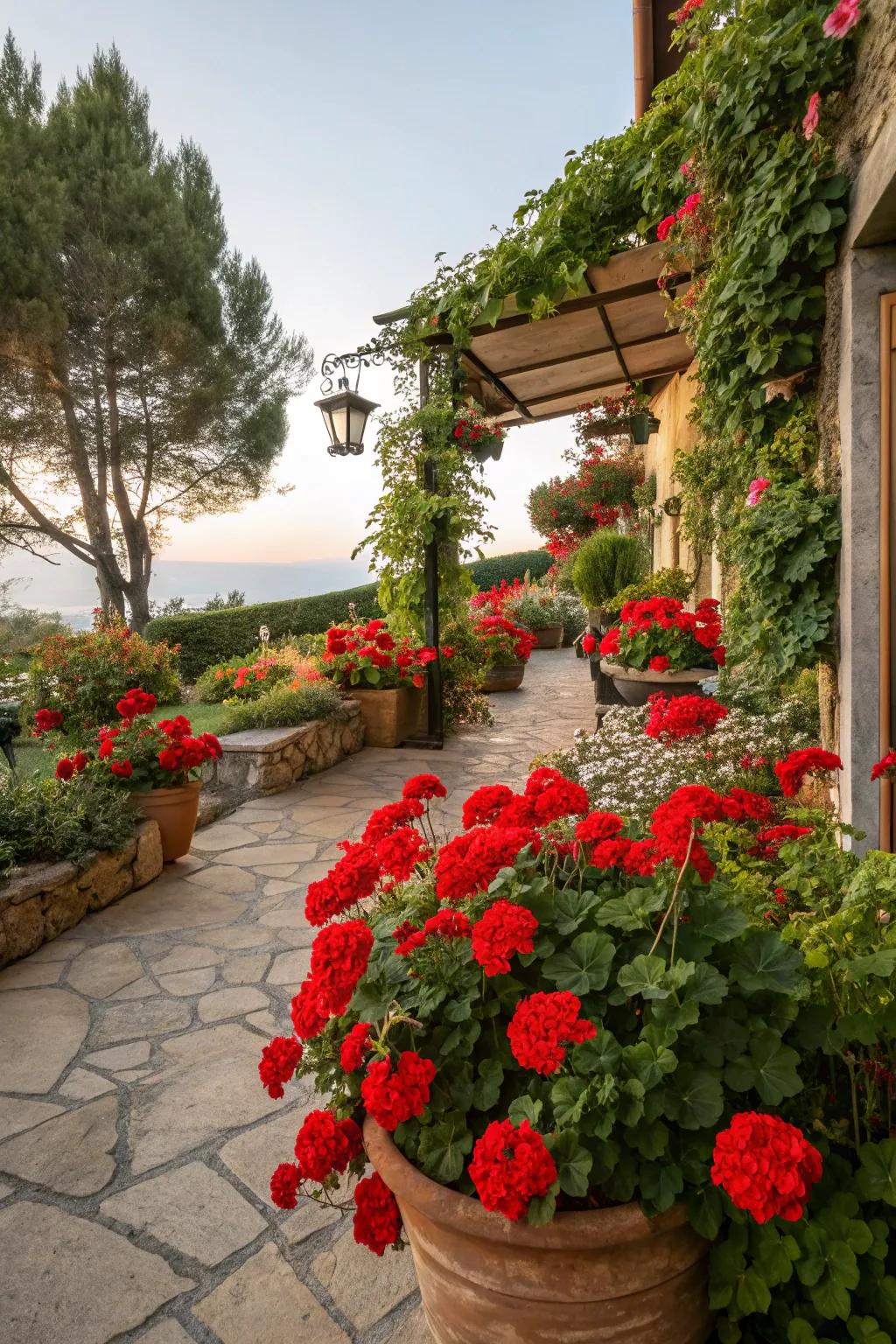 Scarlet geraniums infuse vibrancy into the garden.