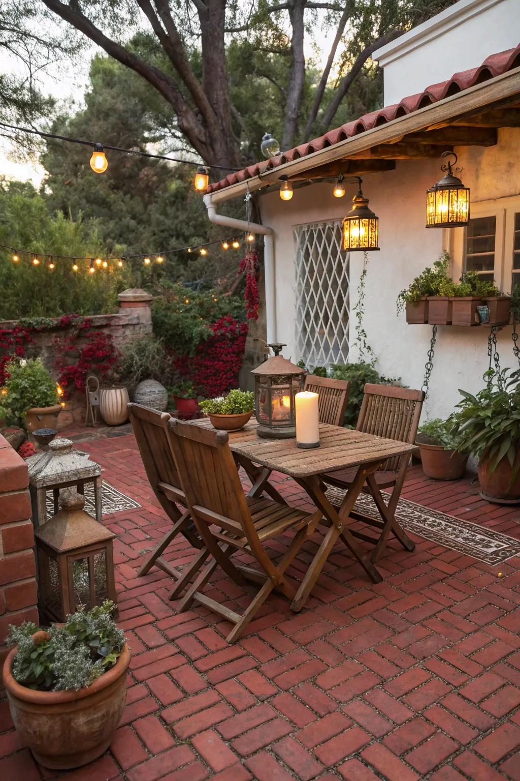Rustic allure and scarlet pavers fashion a snug outdoor expanse.