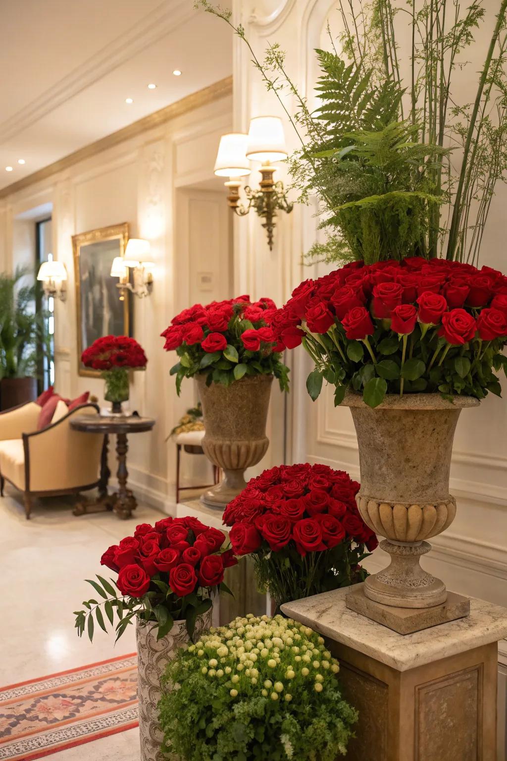 Natural elements such as red roses and greenery elevate the room's theme.