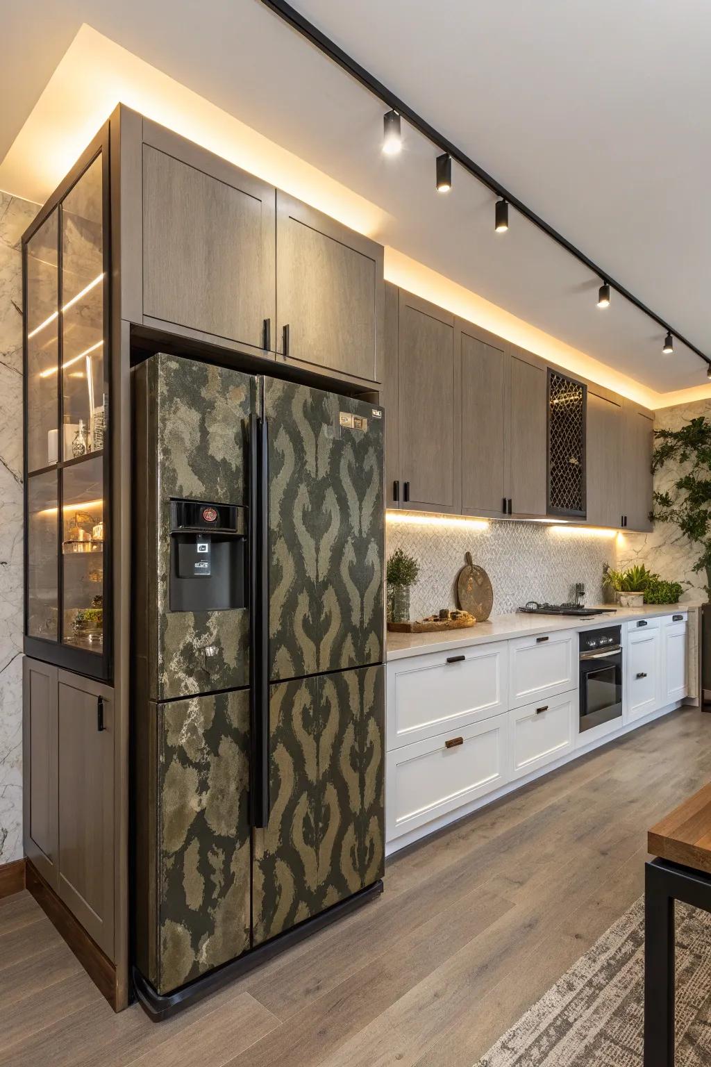 A disguised refrigerator effortlessly assimilates within the culinary cabinetry.