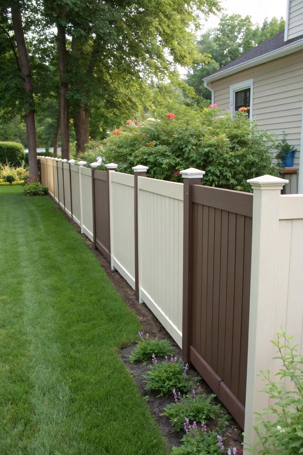 A dual-tone plastic fence delivers a modern spin using its attention-grabbing contrast.
