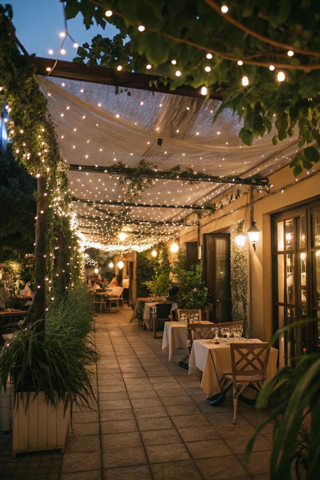 An enchanted canopy twinkles turns patios into captivating havens.