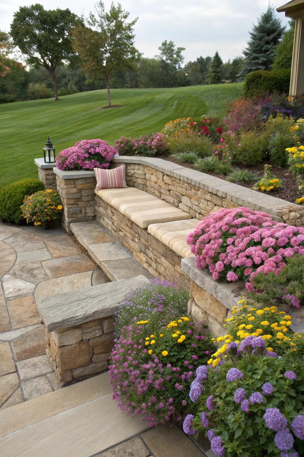 Border wall featuring built-in seating, offering a cozy spot in the garden.