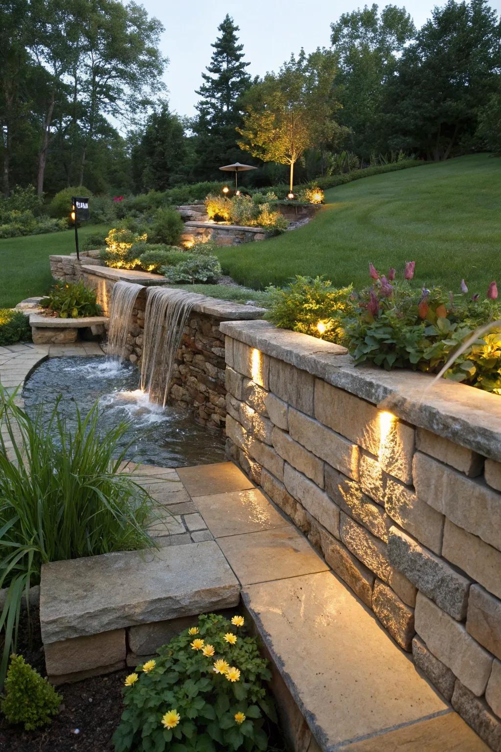 A water feature infuses tranquility into your retaining partition.