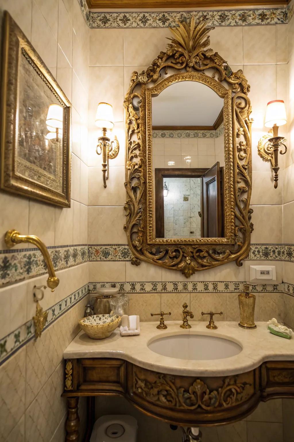 A decorative reflector acts as a stunning focal point in a retro bathroom.