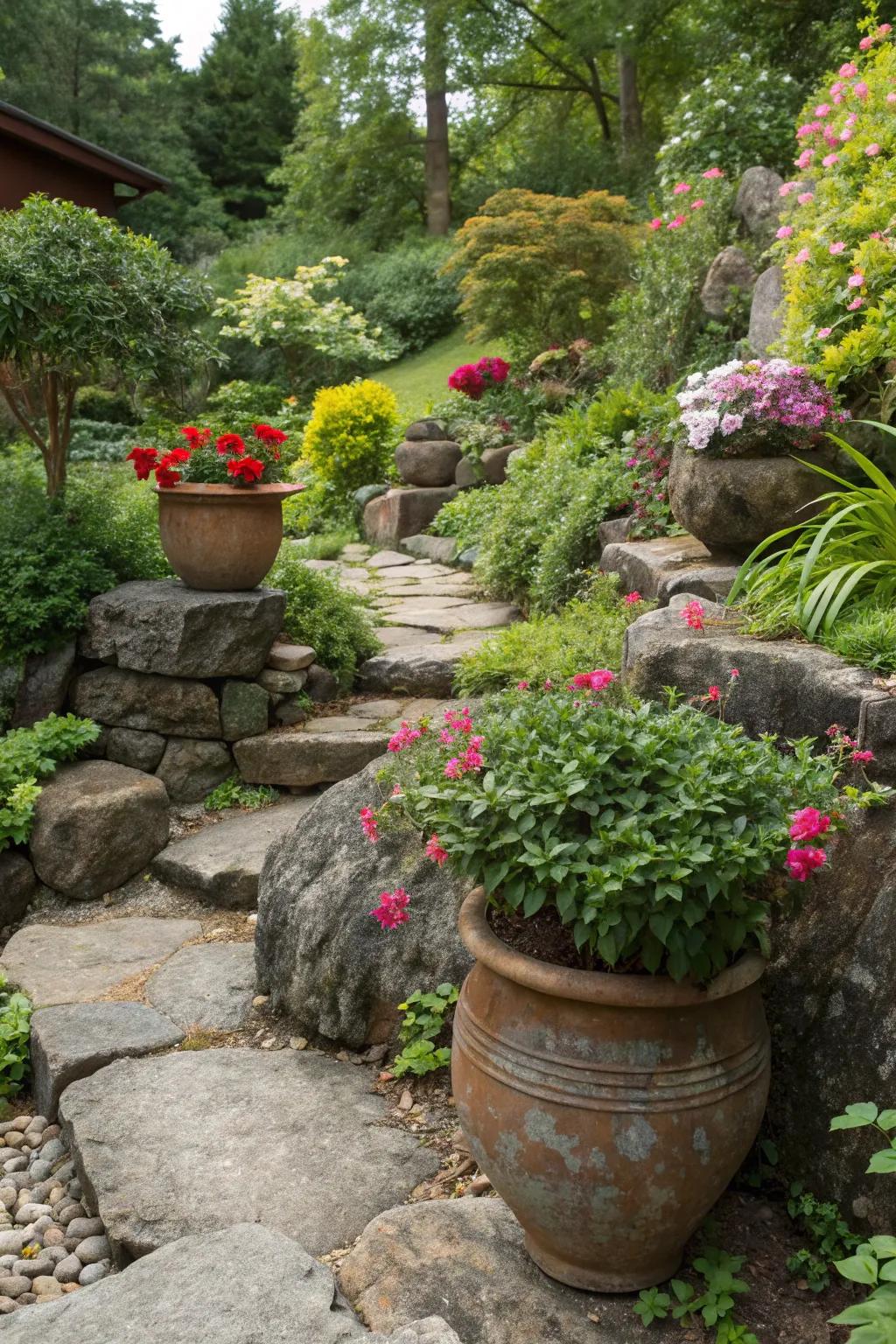 Pots among stones provide adaptability and additional hue.