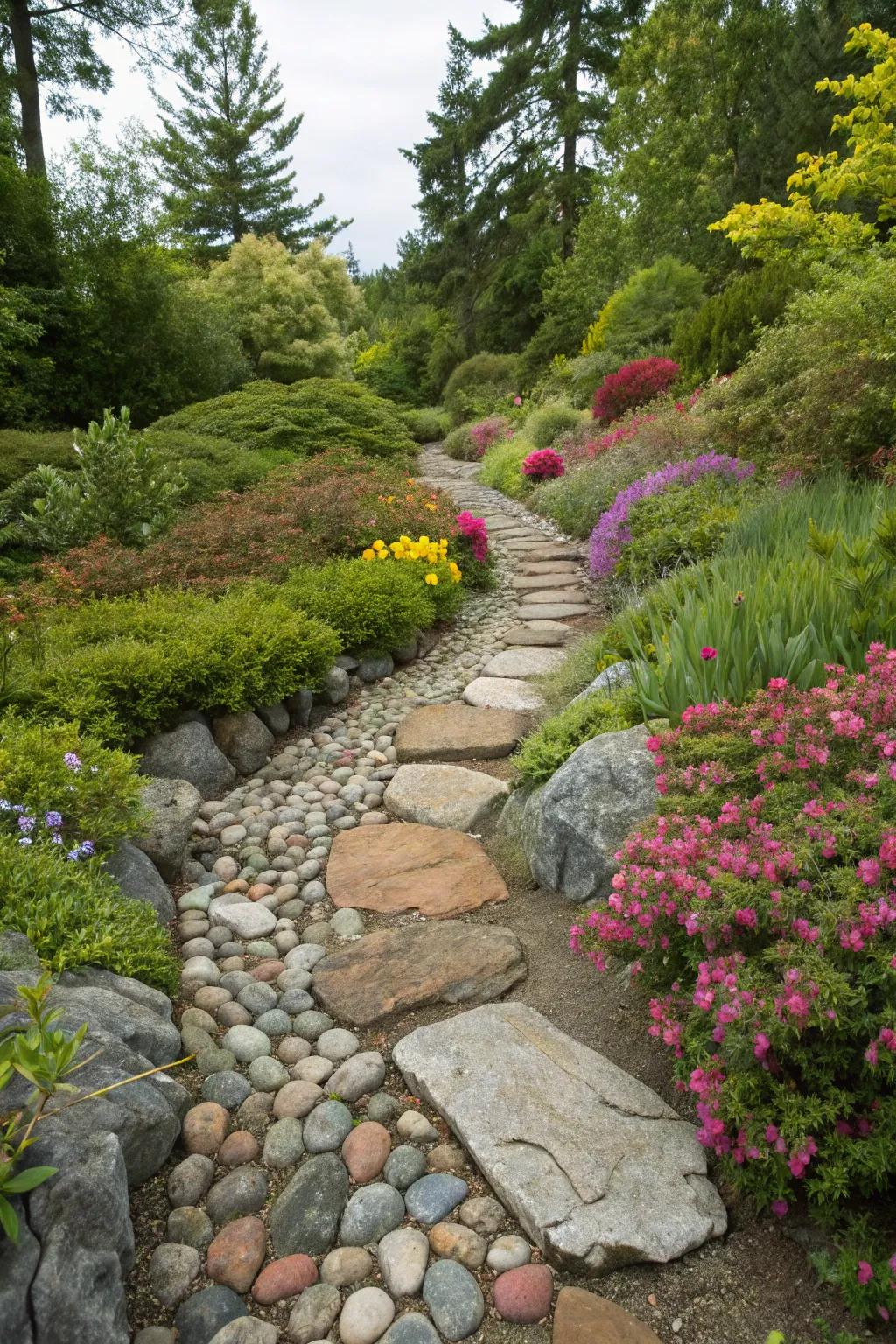 A vibrant stone palette underscores garden beauty.