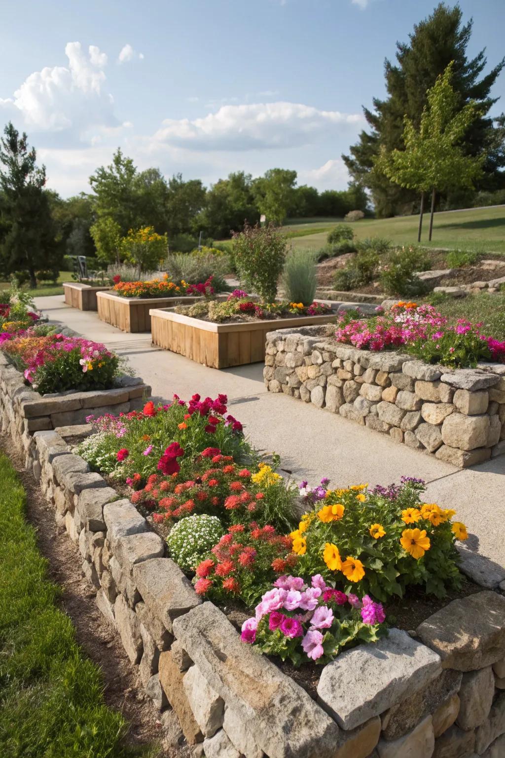 Elevated garden beds using stone walls elevate your flowers beautifully.