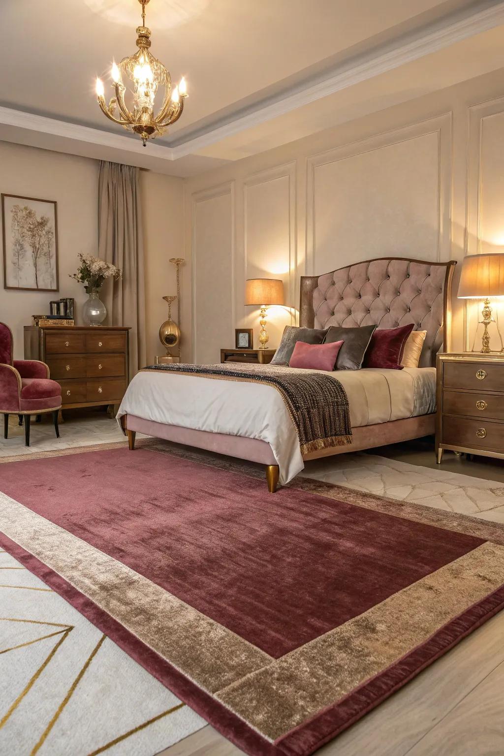 A burgundy coupled with luster rug grounds the space and enriches it with a cozy texture.