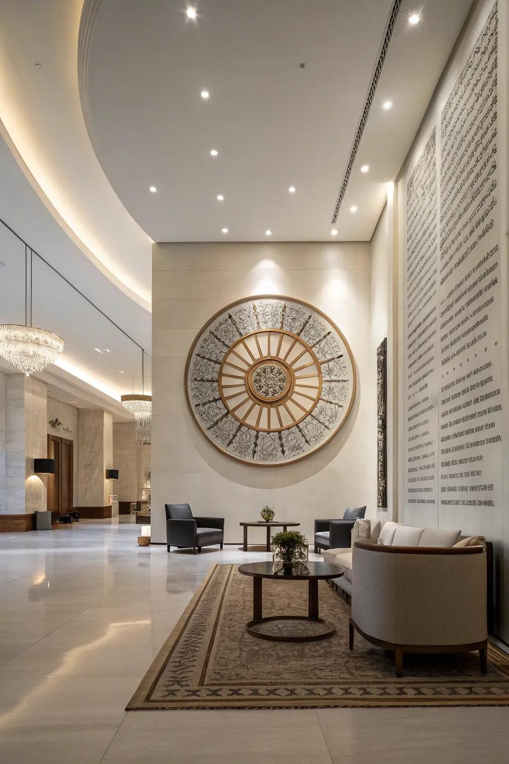 Vast room featuring a prominent round statement piece that delivers maximum impact.