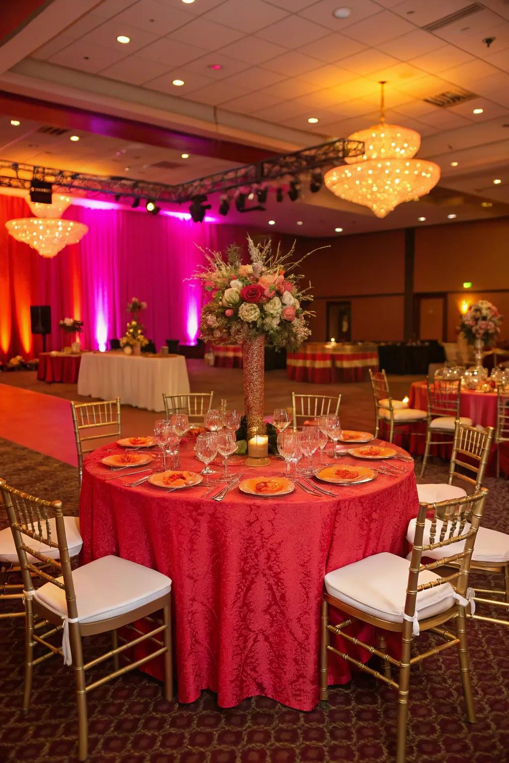 Audacious table covering making a vibrant statement at a wedding.