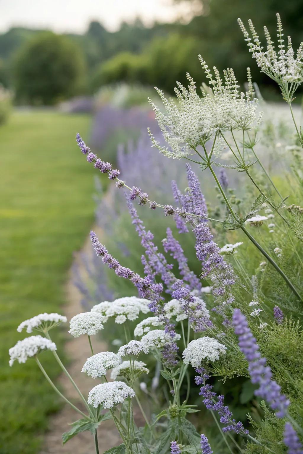 A gently elegant garden featuring azure blooms and yarrow.