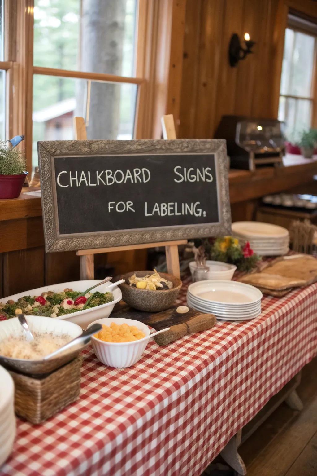 Writing board signs add a playful and practical element to the buffet table.