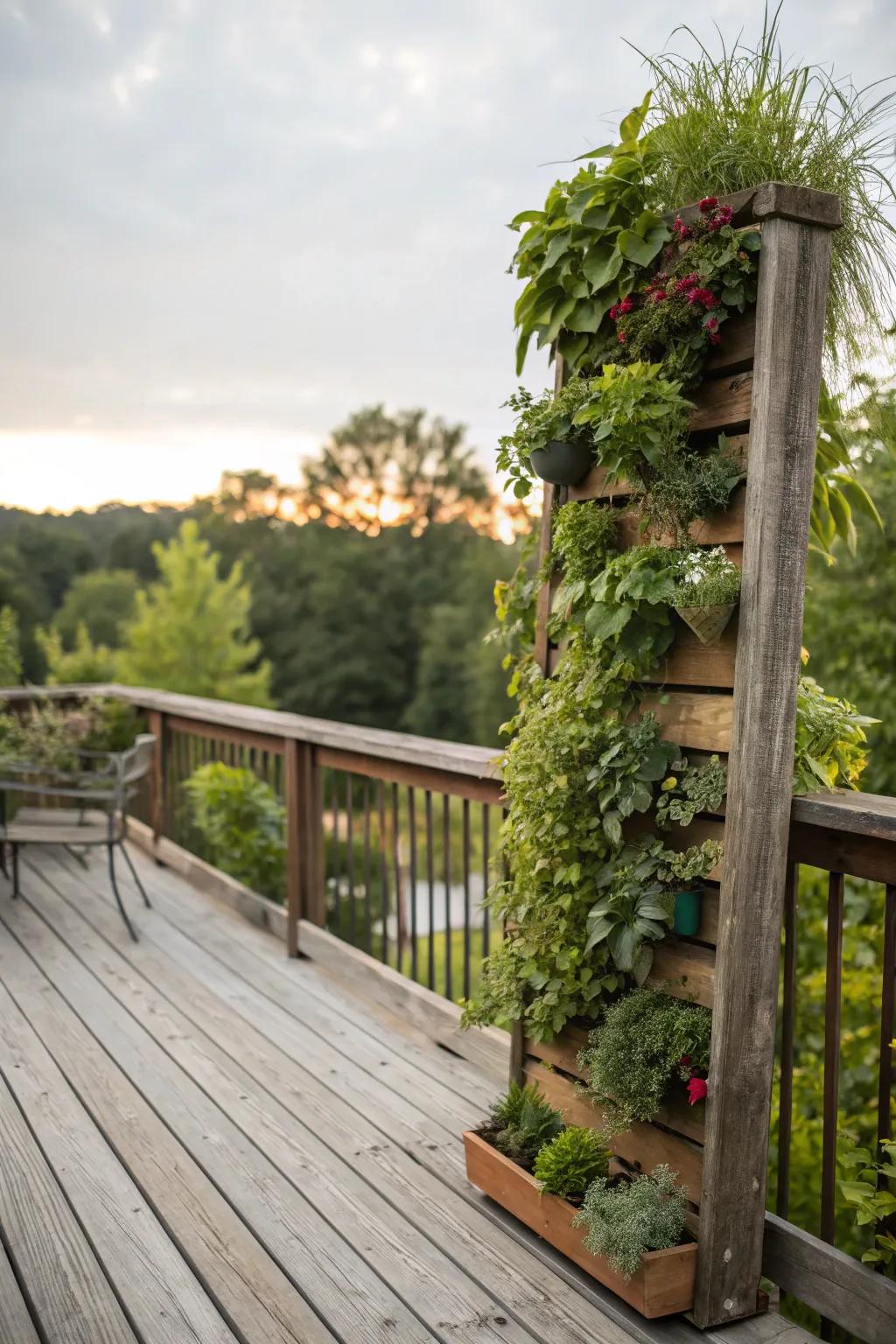 Vertical gardens add greenery and privacy to this countryside deck.