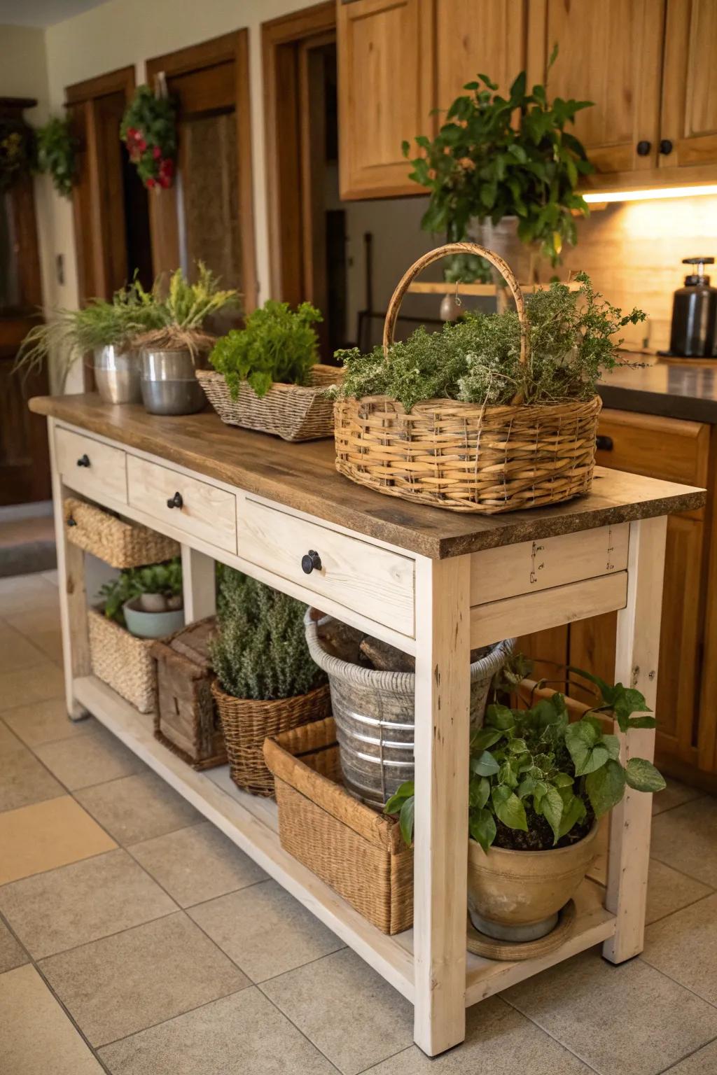 A countryside kitchen island adorned with ornamental plants and receptacles.