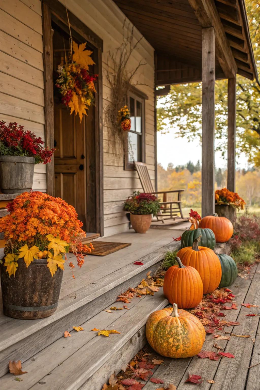 Seasonal decor adds a festive touch to this rustic porch.
