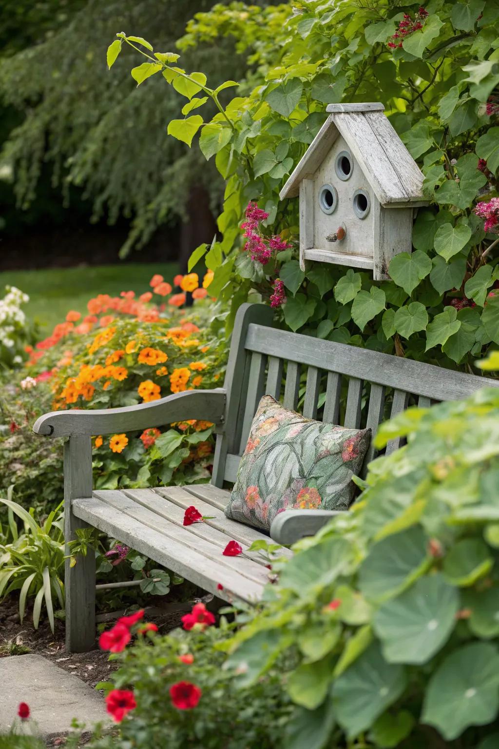 An imaginative garden seat with bird home accents on the back.