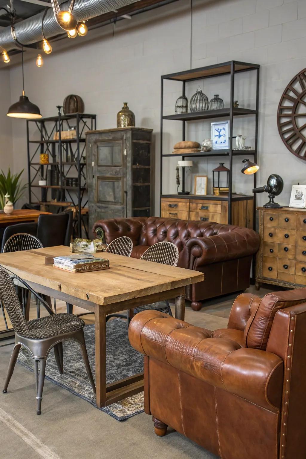 An integration of metallic elements, timber, and hide conjures a visually appealing aesthetic.