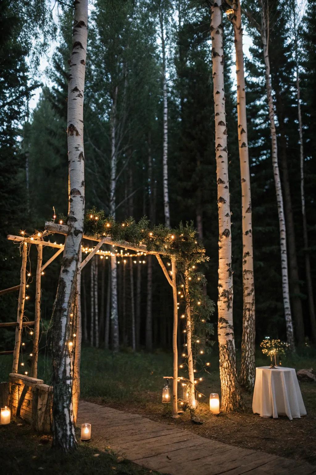 A birch arch twinkling with lights, which is ideal for a woodland twilight ceremony.