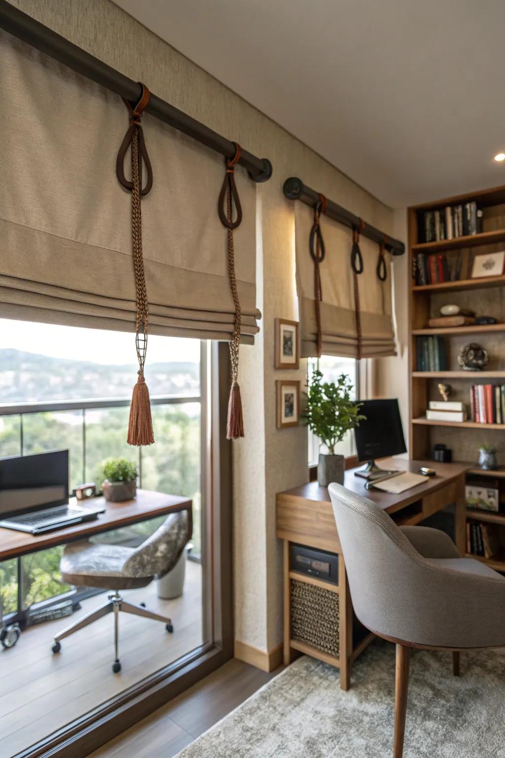A fashionable office featuring a valance with leather loop particulars, incorporating a hint of elegance.